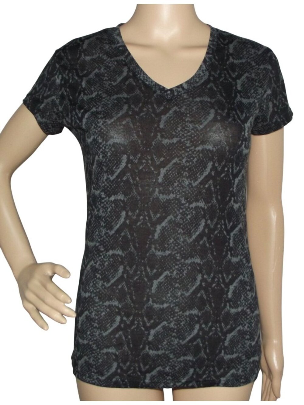 AVIA Active T-shirt Women Small Gray Black snakeskin burnout v-neck short sleeve